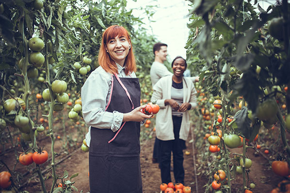 woman in tomato field smiling