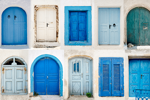 image of 10 old wooden doors all different shades of blue