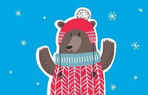 drawing of a bear in a Christmas sweater on a blue background with snow falling