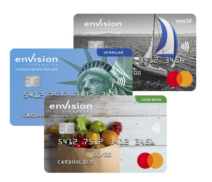 a stack of 3 Envision Financial credit cards